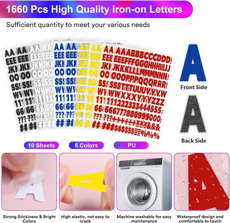 Comkrivy 10 Sheets 1660 Pieces Iron on Letters and Numbers, 1 Inch 5 Colors Vinyl Letters with A-Z Heat Transfer Letters 0-9 PU Iron on Numbers for Clothing T-Shirt DIY Crafts (Black, White, Yellow, Red, Blue) - Image 3
